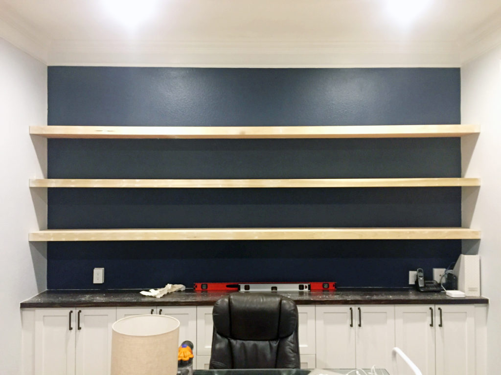 How I built Wall-to-Wall Floating Shelves in our Home Office for $200.