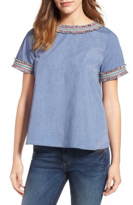 pleione embroidered trim pleat back top