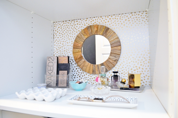 See how I transformed this little dumping ground in my closet into a cute and stylish vanity with Target Peel & Stick Wallpaper!