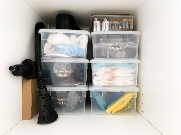 Clear Shoe Box Organization for household supplies