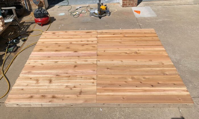 The completed back wall of our DIY Cedar Garden Shed