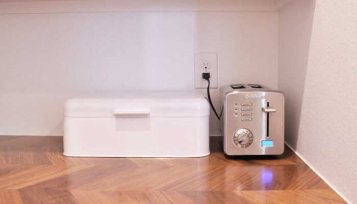 DIY Farmhouse Walk In Pantry with Bread Box and Toaster.