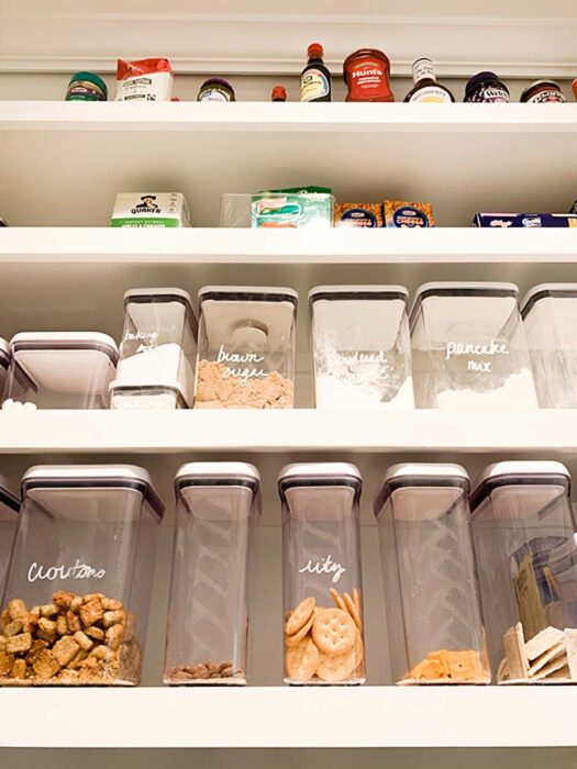 How I Organize My Walk-In Farmhouse Pantry using OXO Pop Containers for snacks, baking supplies plus stockpile organization.