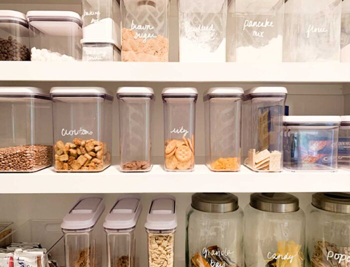 How I Organize My Walk-In Farmhouse Pantry with OXO Good Grips Containers for decanting snacks and baking supplies